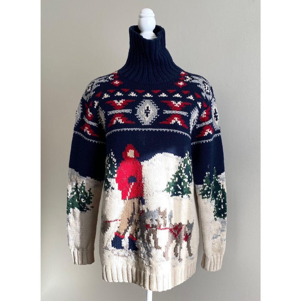VTG 90s Hand Knit Ralph Lauren Wool Dog Sled Nordic Turtleneck Sweater (Size M)